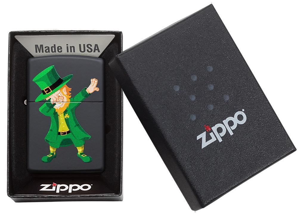 Dabbing Leprechaun Black Matte Windproof Lighter in packaging